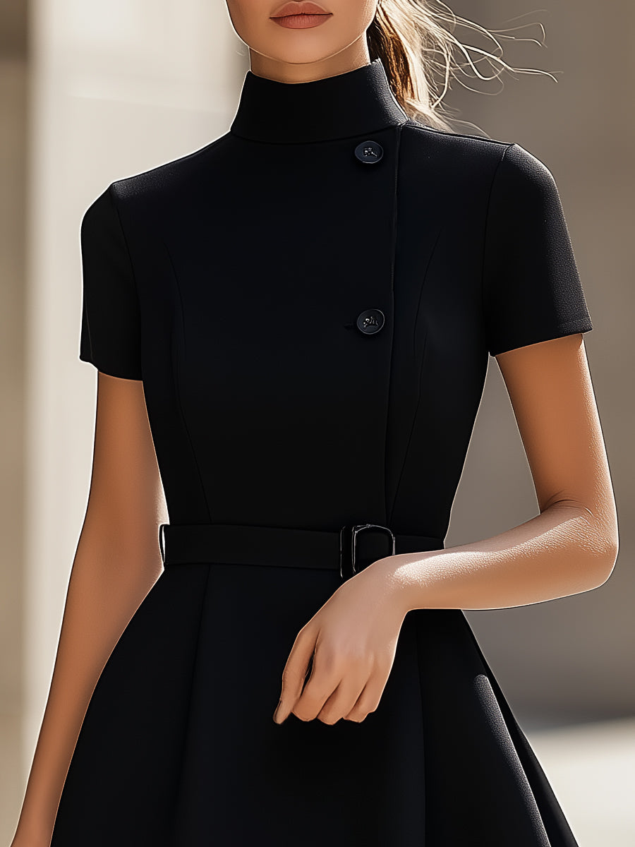 Elegante Zwarte Hoge Hals Jurk met Geknoopte Taille