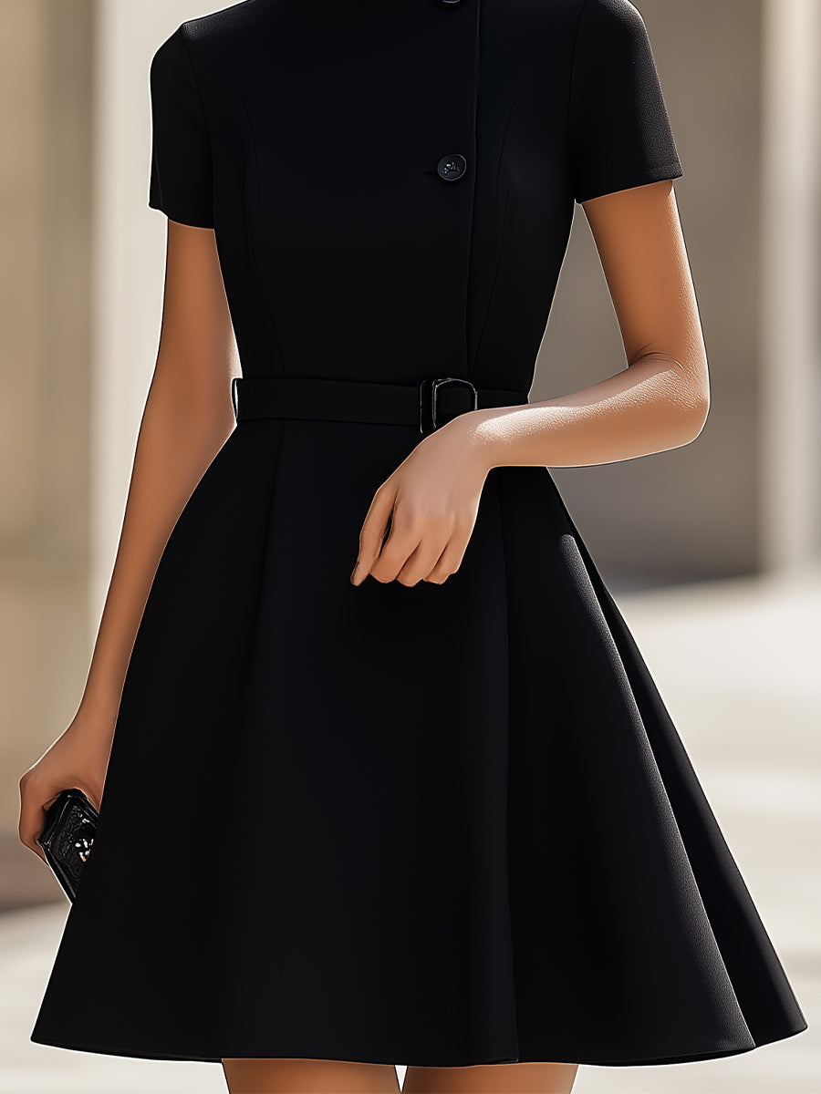 Elegante Zwarte Hoge Hals Jurk met Geknoopte Taille