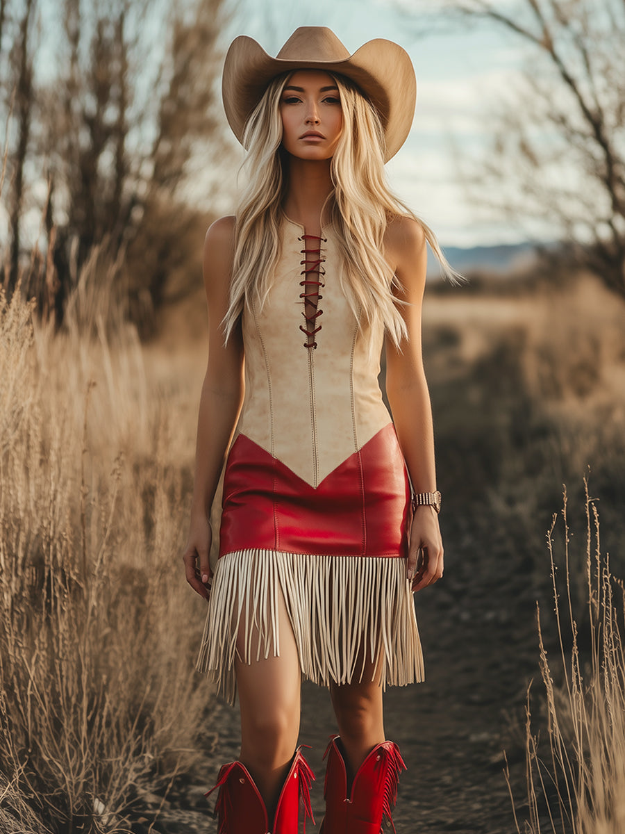 Elegante Retro Westerse Contrast Franje Mouwloze Mini Jurk