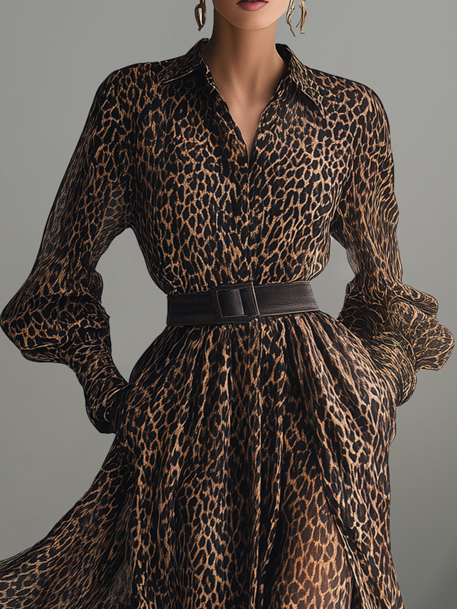 Fashion Retro Leopard Print Cool Style Chiffon Swing Maxi Dress