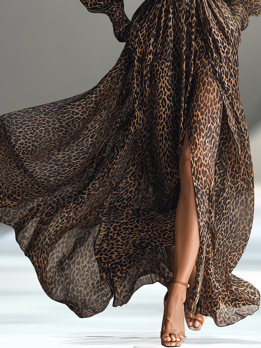 Fashion Retro Leopard Print Cool Style Chiffon Swing Maxi Dress