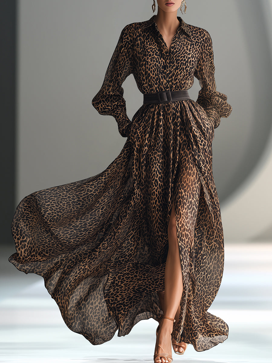 Fashion Retro Leopard Print Cool Style Chiffon Swing Maxi Dress
