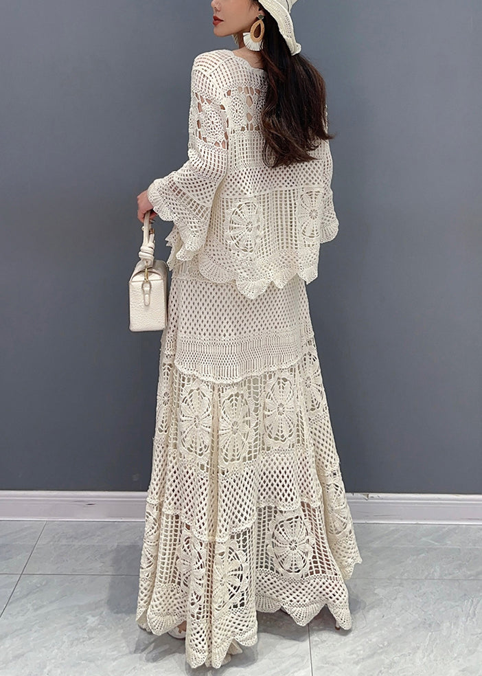 Elegante Beige Holle Tops En Rokjes Gebreide Twee Delige Set Lange Mouwen