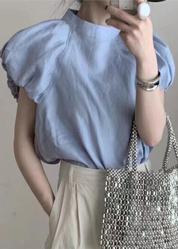 Franse Blauwe Puff Sleeve Katoenen T-shirt Top