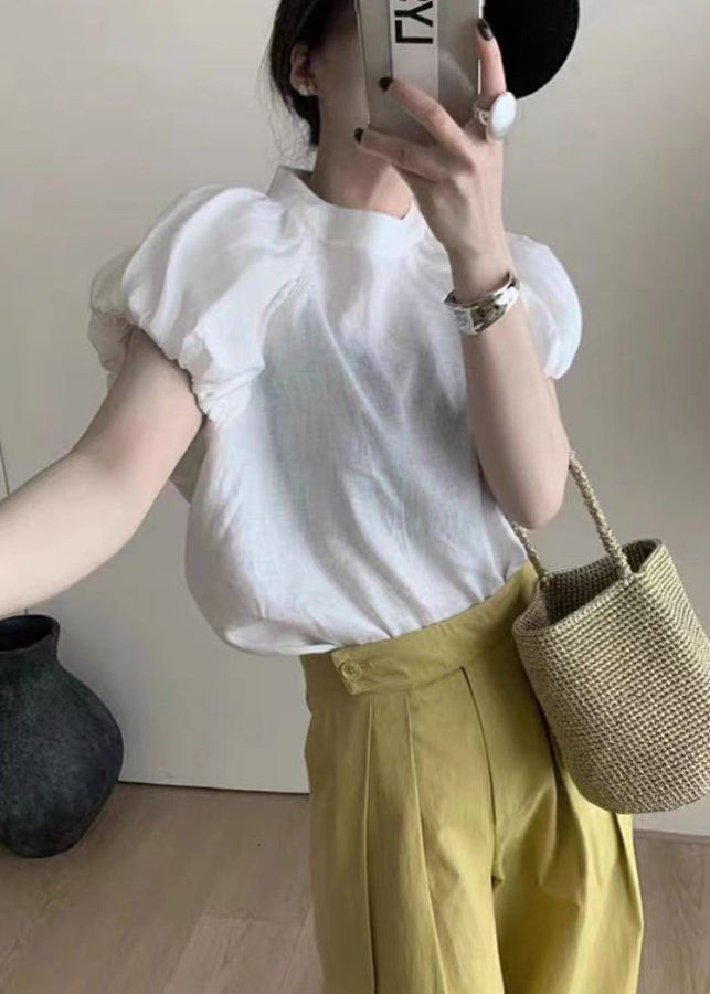 Franse Blauwe Puff Sleeve Katoenen T-shirt Top