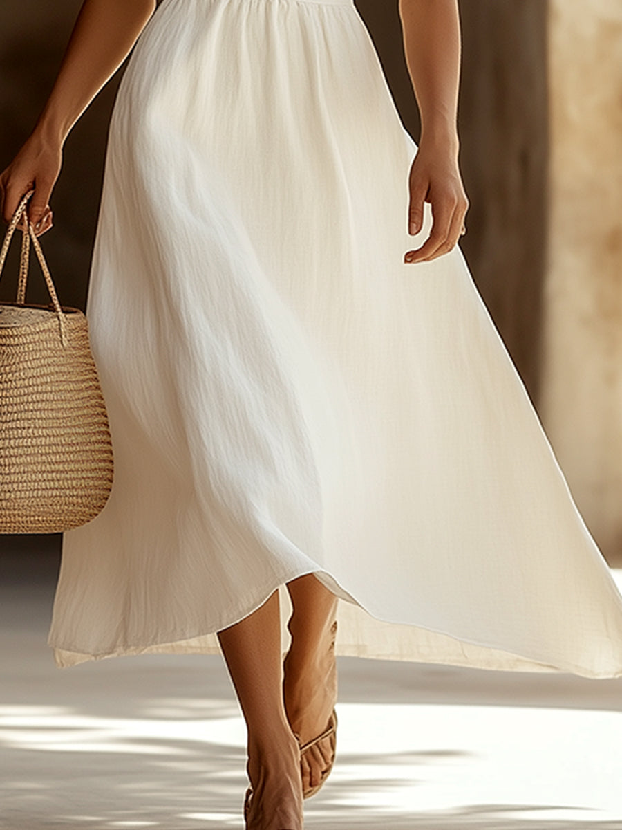 Classic En Comfortabele Witte Katoenen En Linnen Mouwloze Maxi Jurk