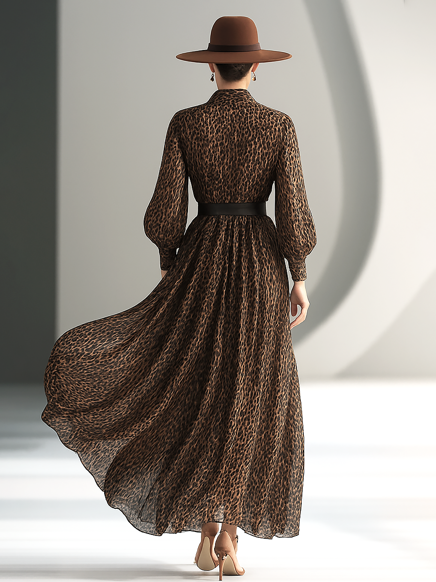 Fashion Retro Leopard Print Cool Style Chiffon Swing Maxi Dress
