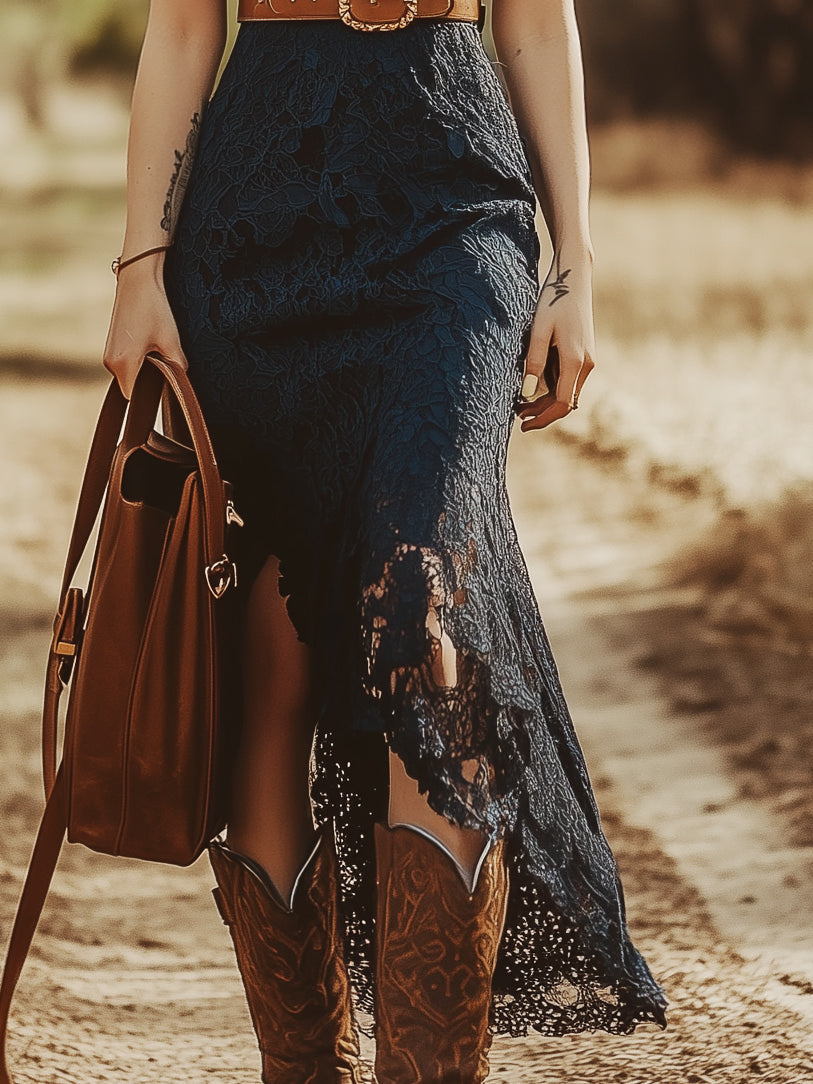 Luna | Bohemian Midi Jurk met Kant – Blauw