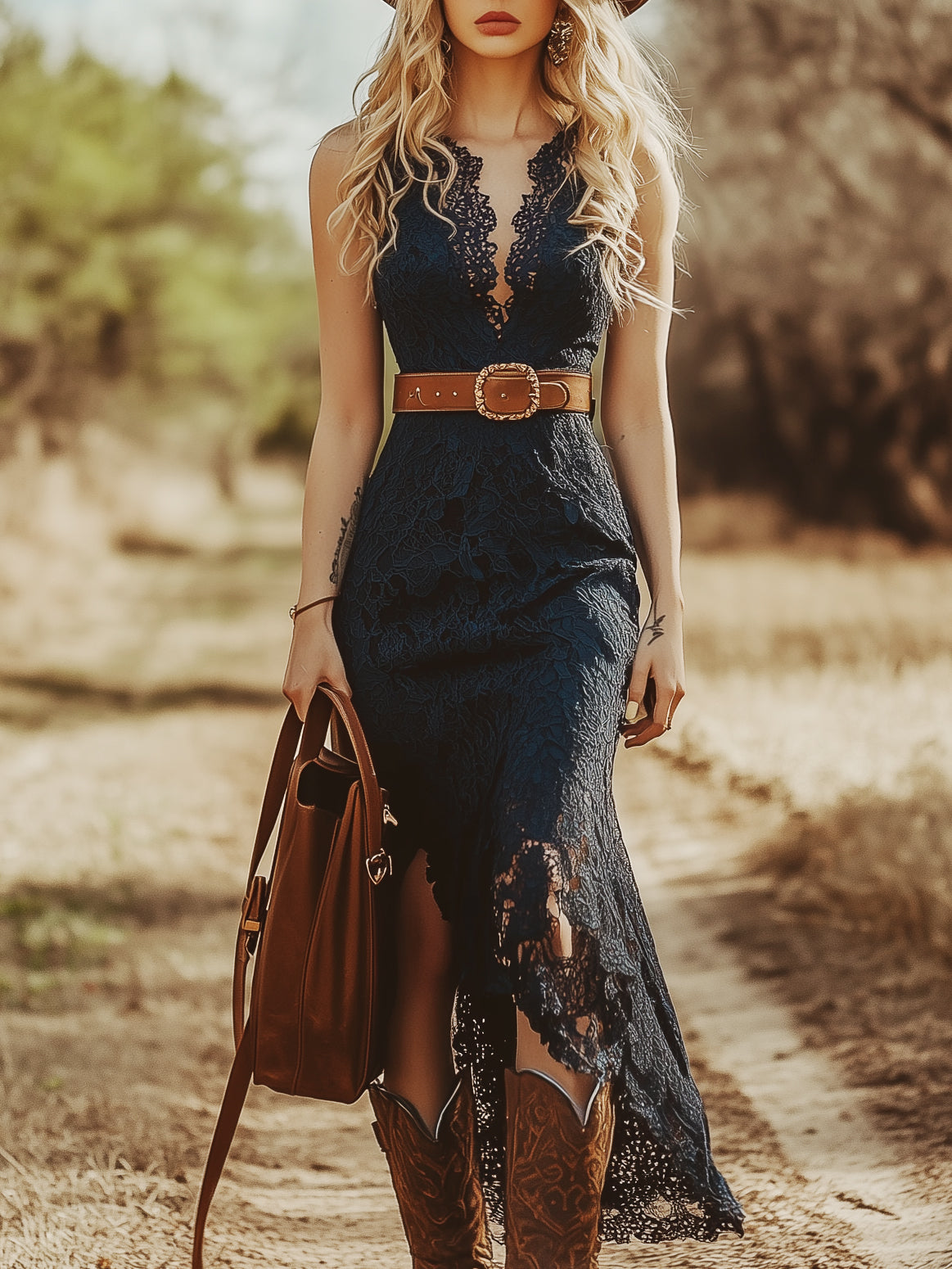 Luna | Bohemian Midi Jurk met Kant – Blauw