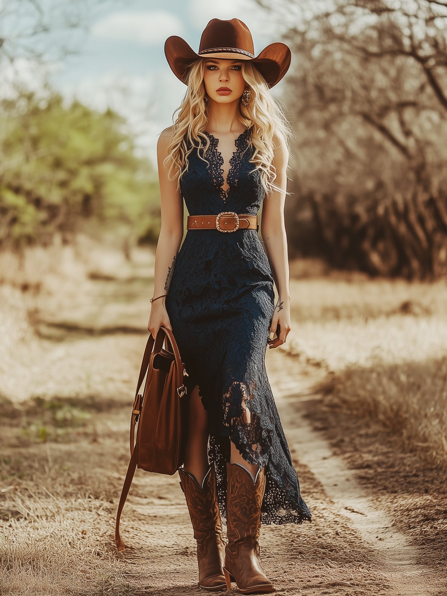Luna | Bohemian Midi Jurk met Kant – Blauw
