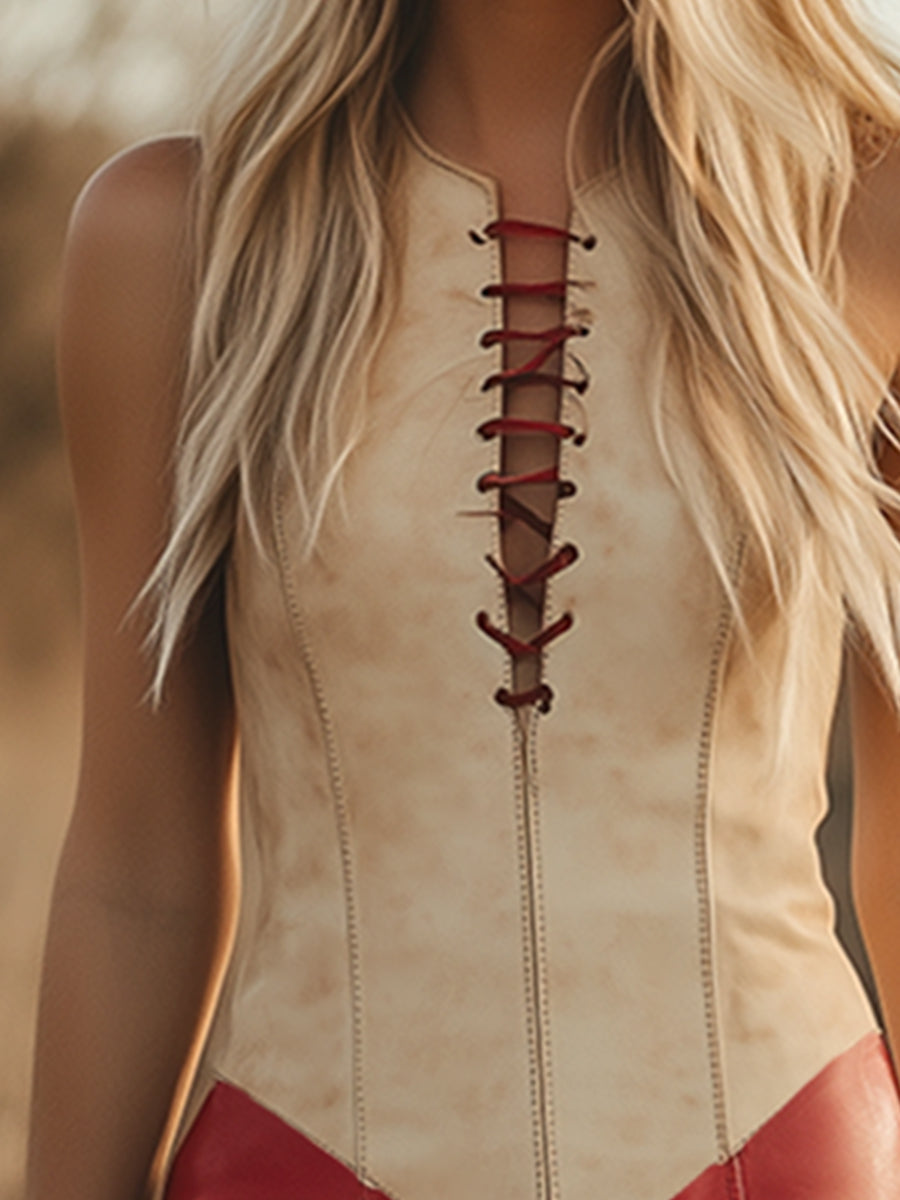 Elegante Retro Westerse Contrast Franje Mouwloze Mini Jurk