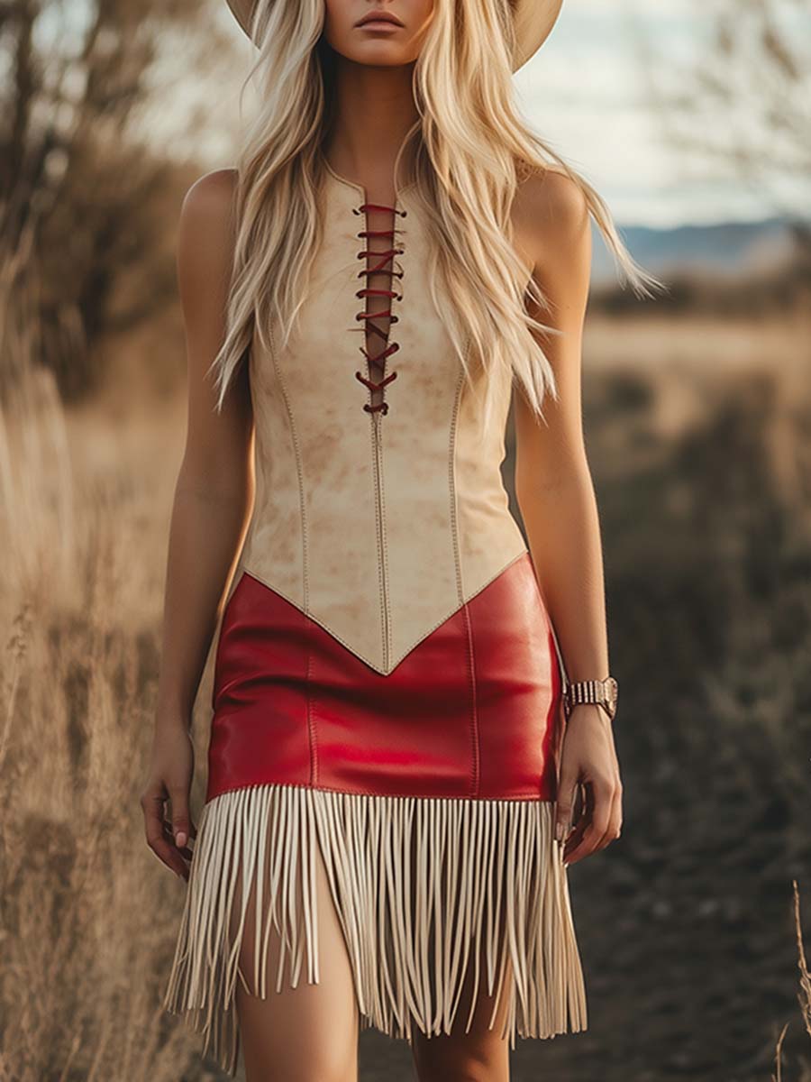 Elegante Retro Westerse Contrast Franje Mouwloze Mini Jurk