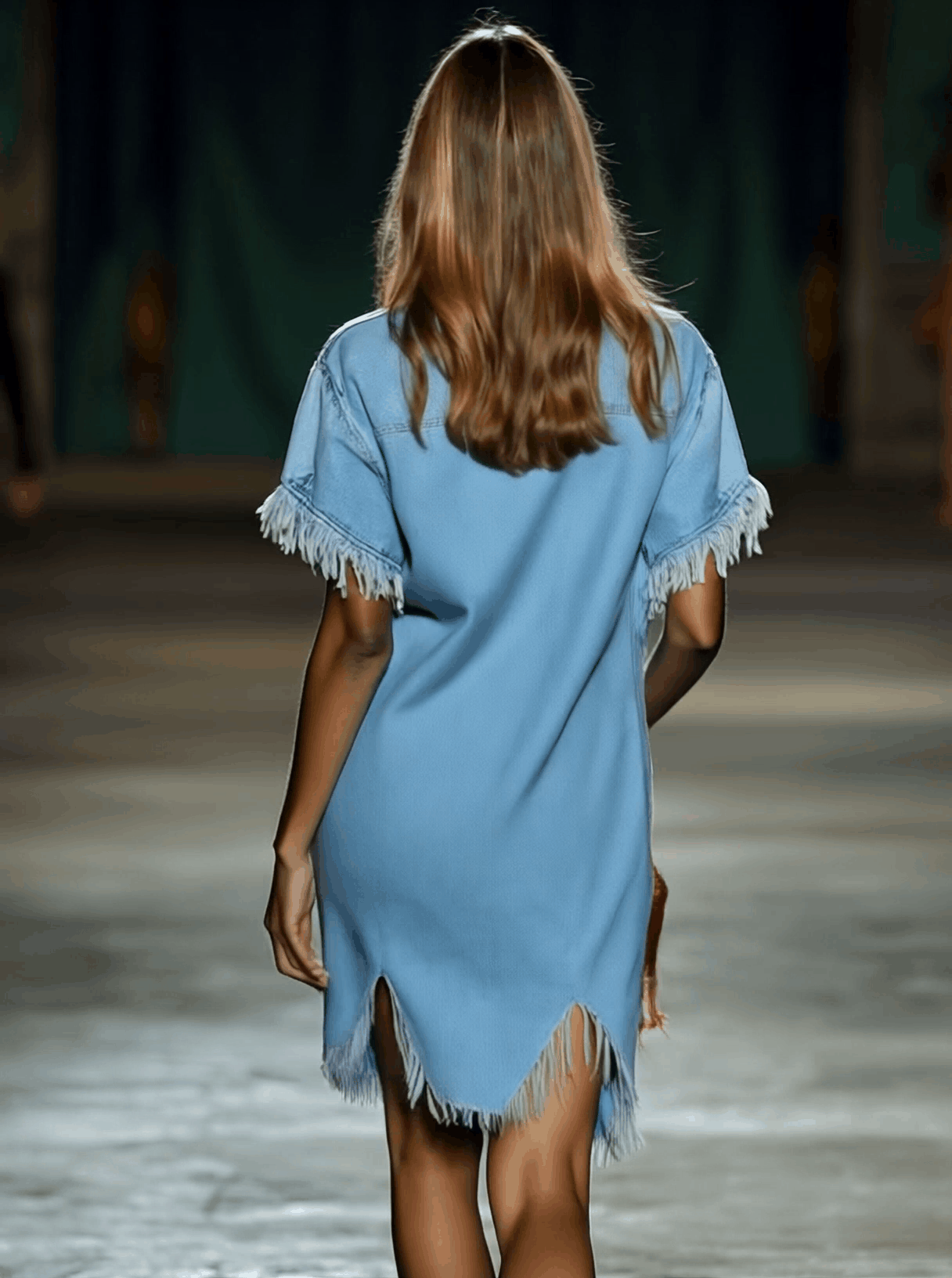 Casual Losse Vintage Denim Korte Mouwen Shirt Tassel Mini Jurk