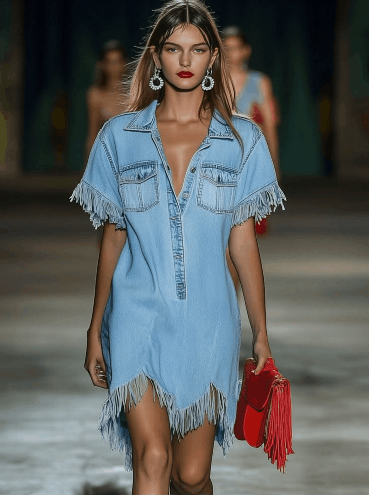 Casual Losse Vintage Denim Korte Mouwen Shirt Tassel Mini Jurk