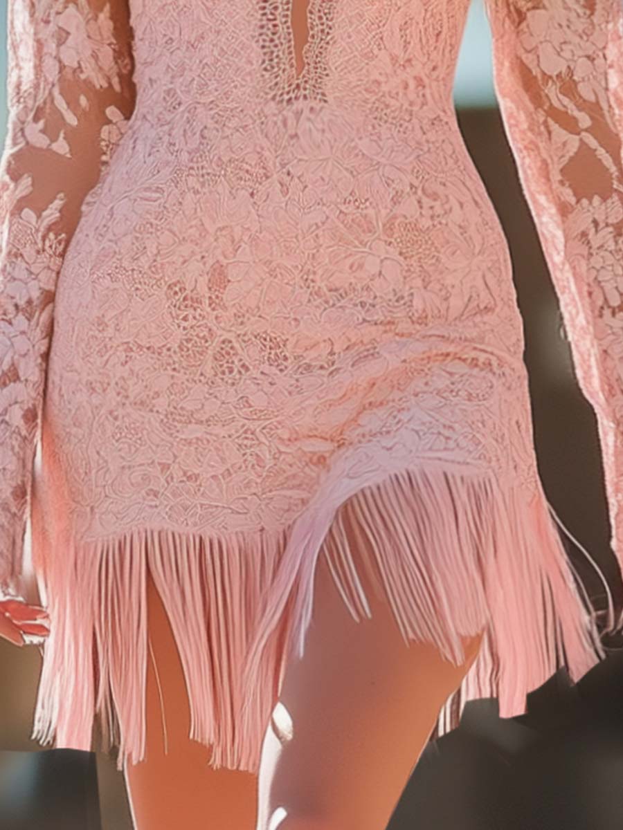 Modieuze Westerse Spaghetti Band Off-Shoulder Zoomtassel Roze Kant Mini Jurk