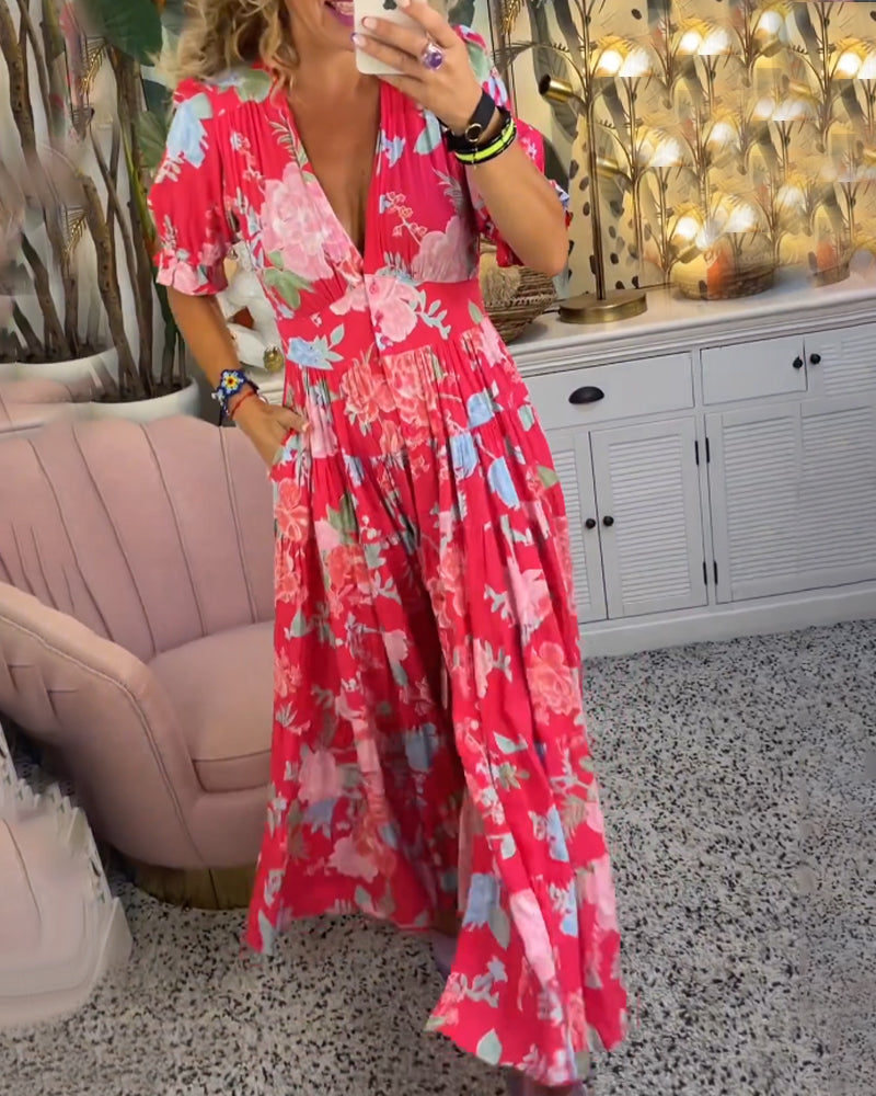 Catrisa™ - Bloemenprint V-hals Pocket Jurk