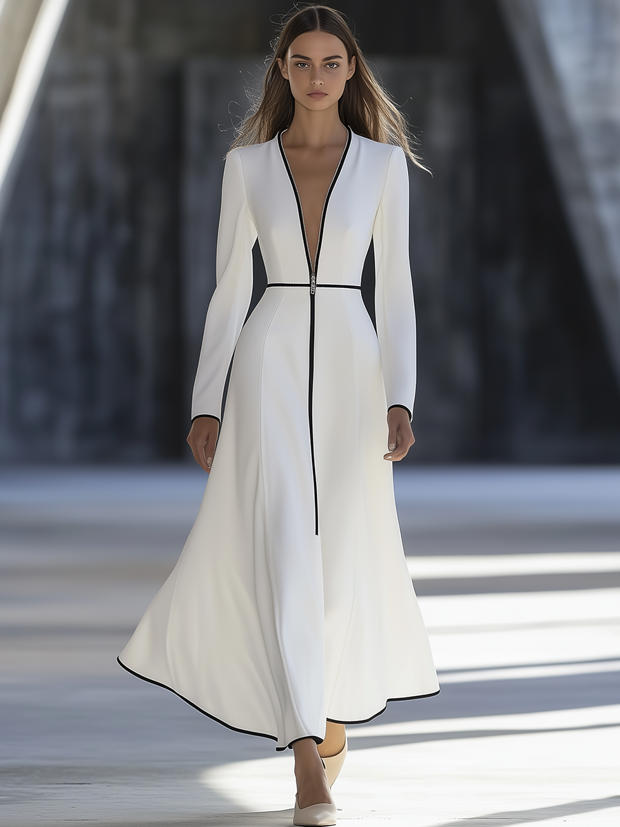 Elegant Urban Retro Contrast Color V-neck Zipper Long Sleeve Maxi Dress
