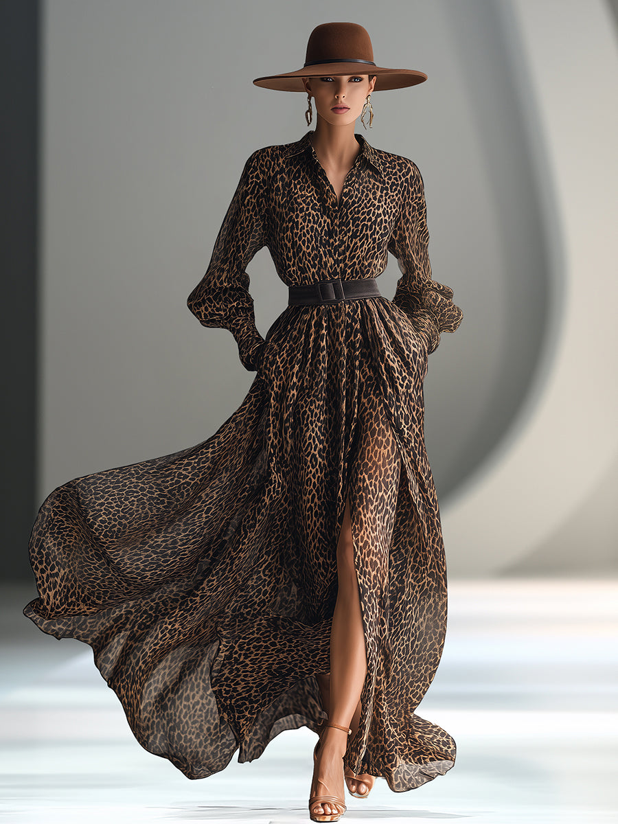 Fashion Retro Leopard Print Cool Style Chiffon Swing Maxi Dress