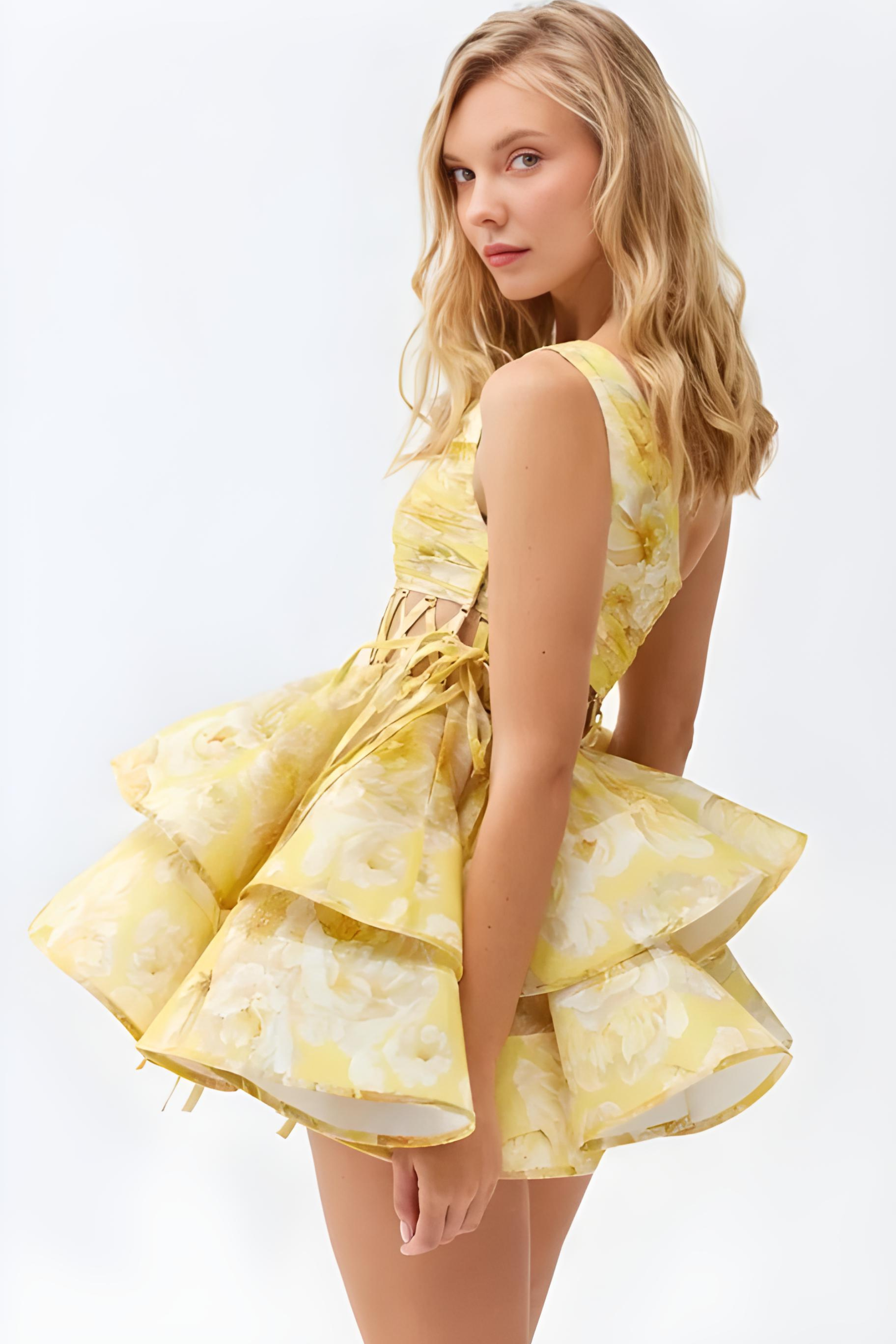 Daphne | Bloemige Mini Jurk met Één Schouder