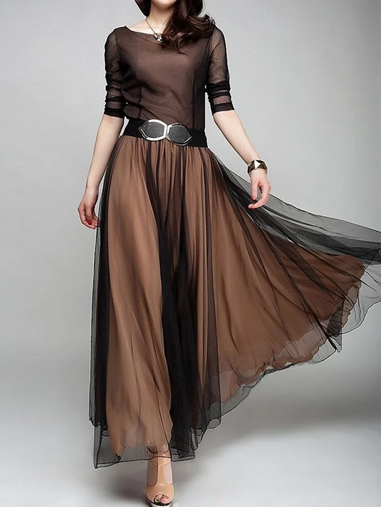 Elegant Plain Boat Neck Flowy Hem Maxi Dress <Ship in 24 hours>