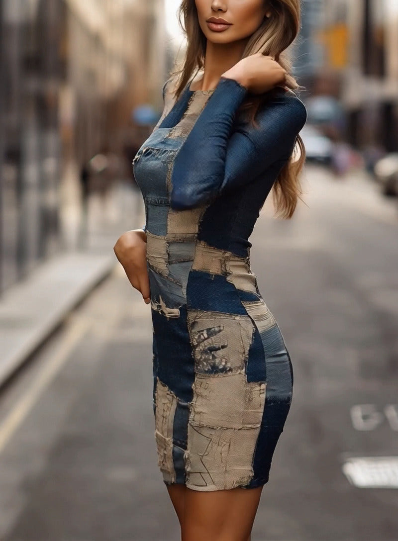 (clearance)Fashion Round Neck Patchwork Denim Bodycon Dress