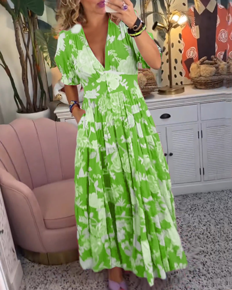 Catrisa™ - Bloemenprint V-hals Pocket Jurk