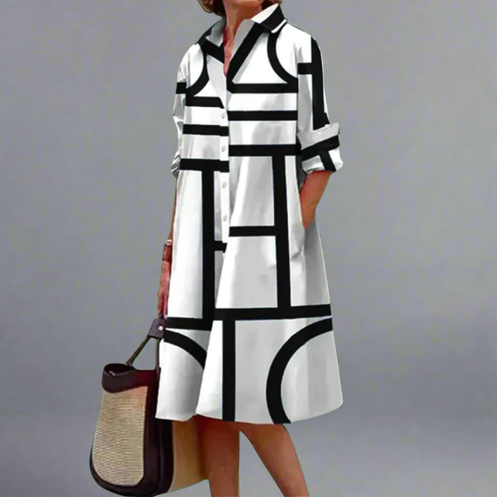 Elowen - Elegante Geometrische Streep Midi Jurk