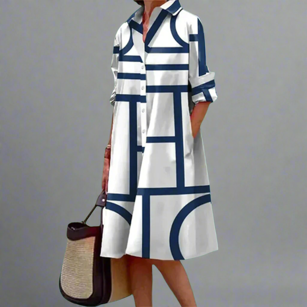 Cosima - Stijlvolle Blauwe Geometrische Streep Midi Jurk