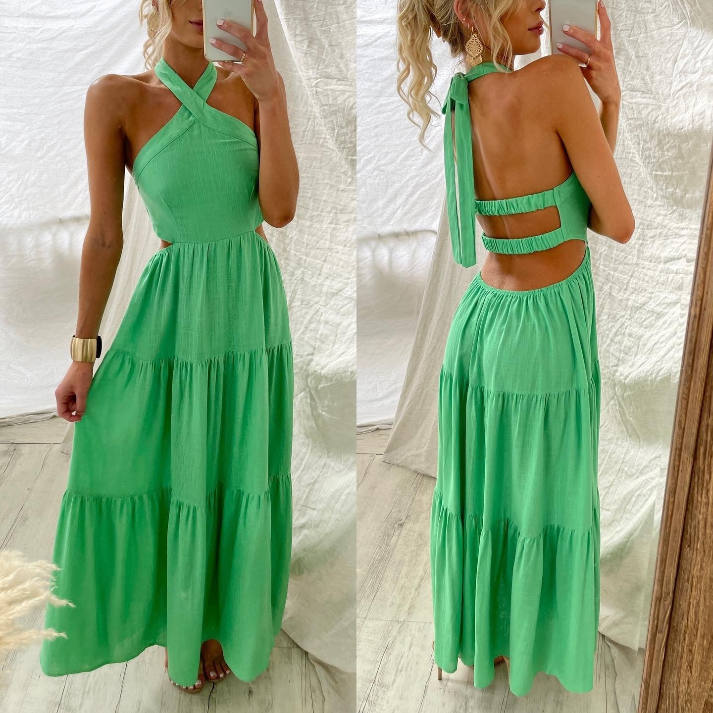 Halternek Open Rug Tiered Maxi Vakantiejurk