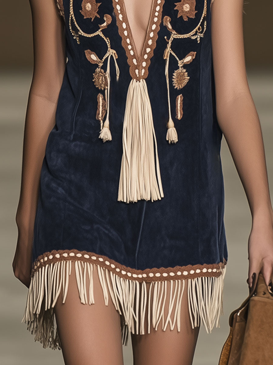 Esme | Boho Mini Jurk met Borduursels & Franjes
