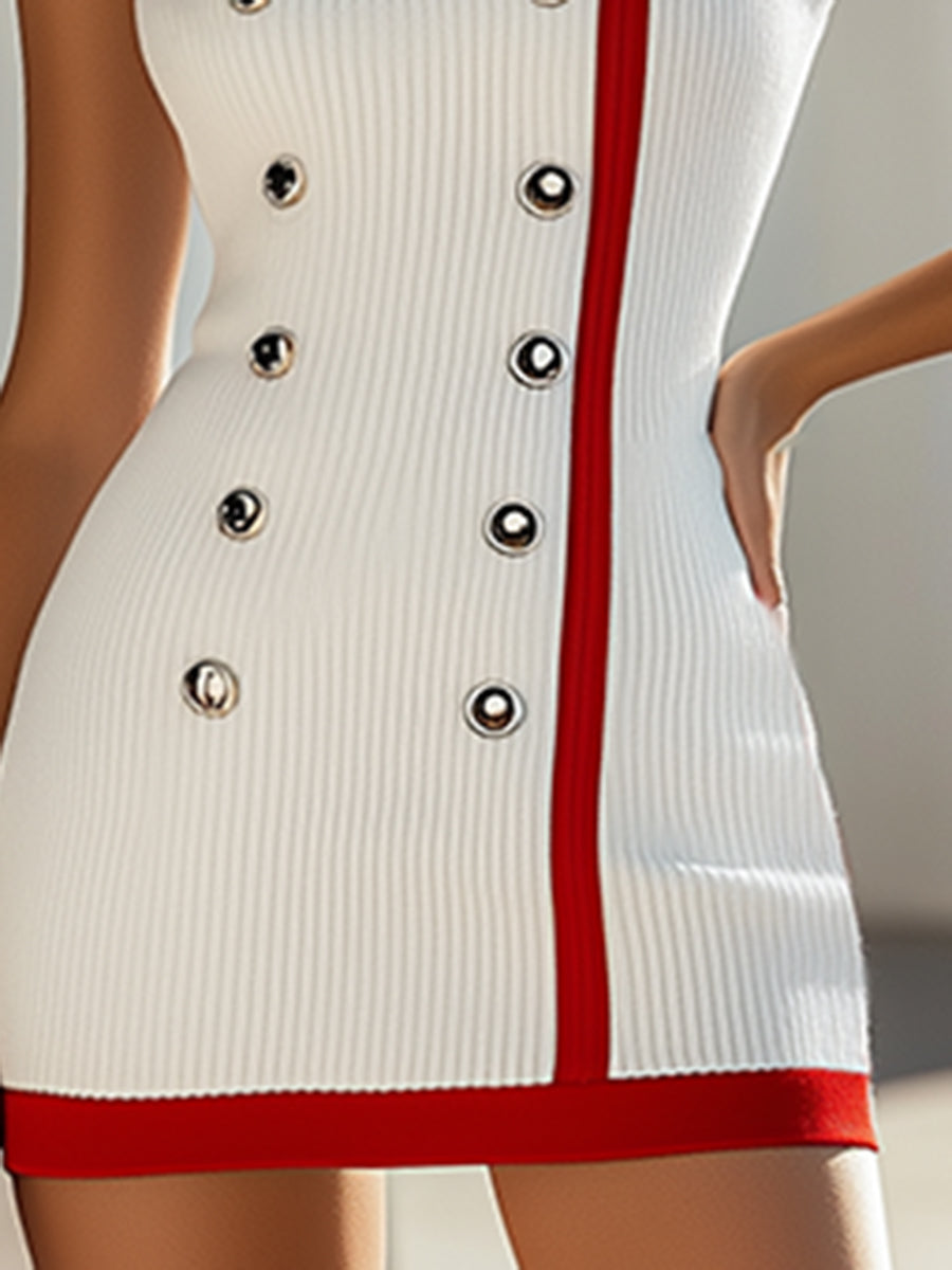 High Fashion Rode Contrast Mouwloze Witte Brei Mini Jurk