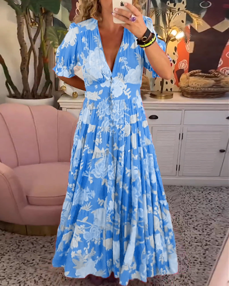Catrisa™ - Bloemenprint V-hals Pocket Jurk