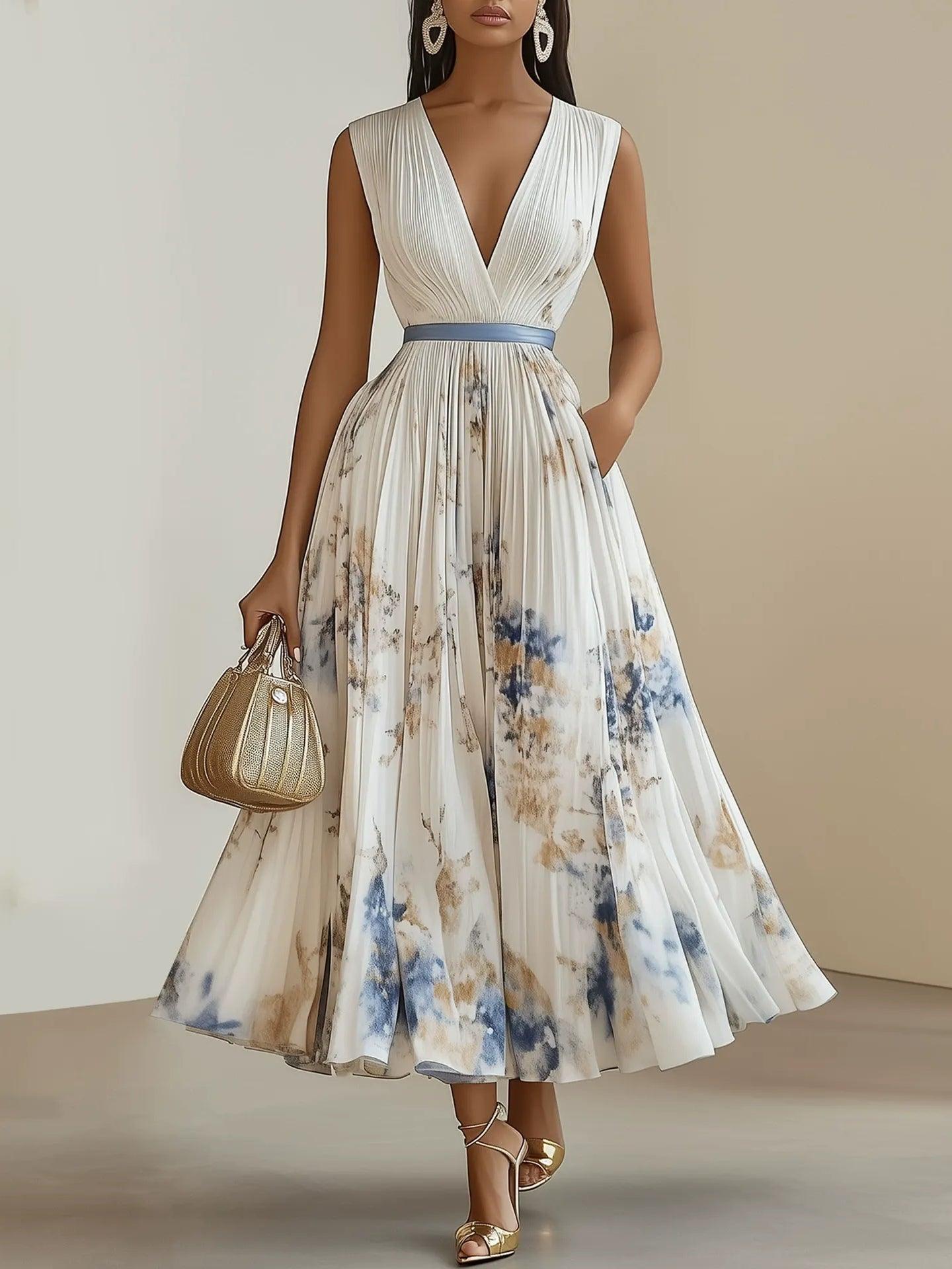Lente Nieuwe Witte Geplooide Bloemen Chiffon V-Hals Mouwloze A-Lijn Midi Jurk