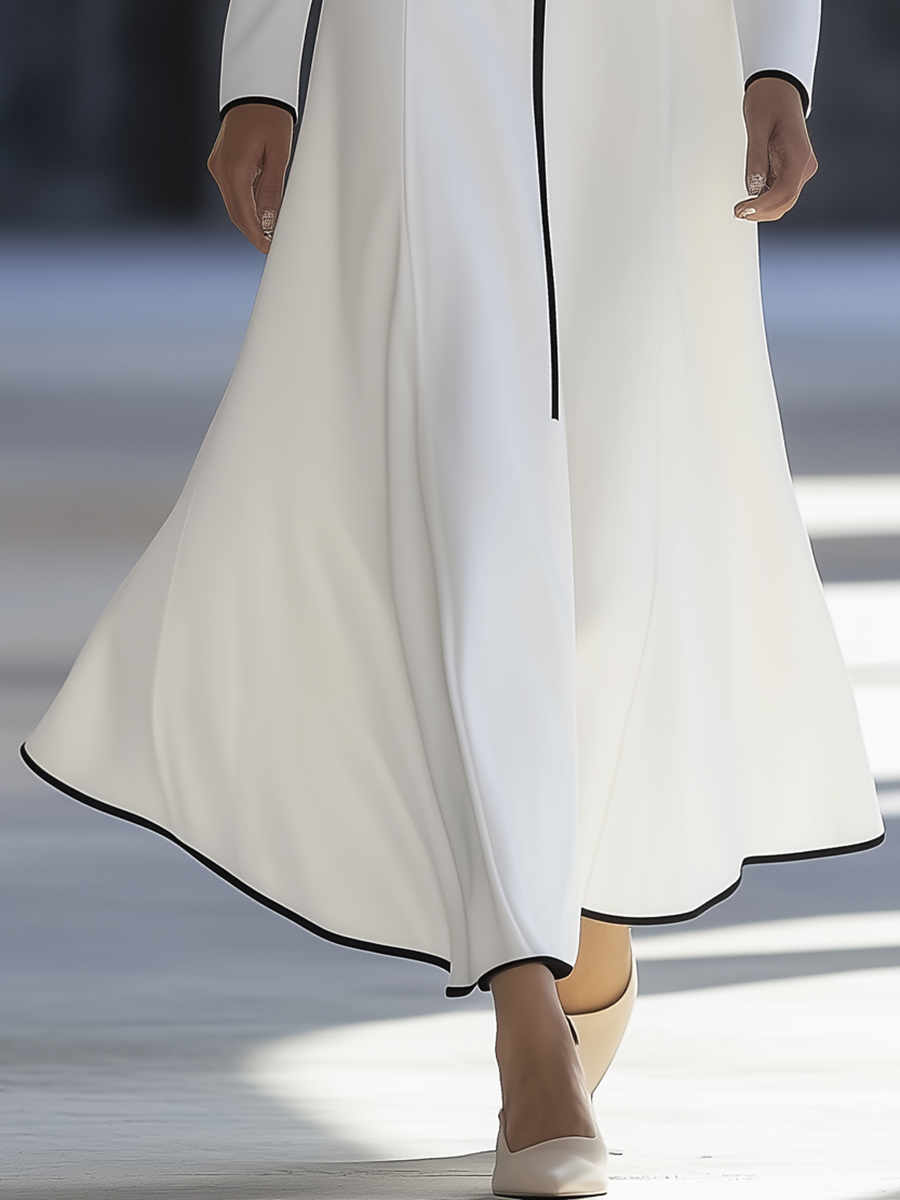 Elegant Urban Retro Contrast Color V-neck Zipper Long Sleeve Maxi Dress