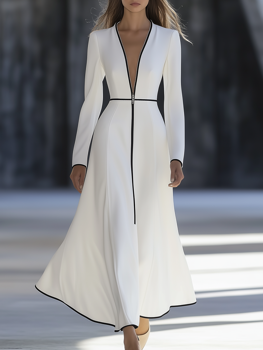 Elegant Urban Retro Contrast Color V-neck Zipper Long Sleeve Maxi Dress