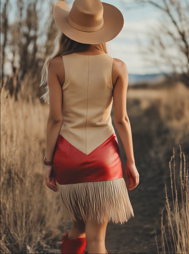 Elegante Retro Westerse Contrast Franje Mouwloze Mini Jurk