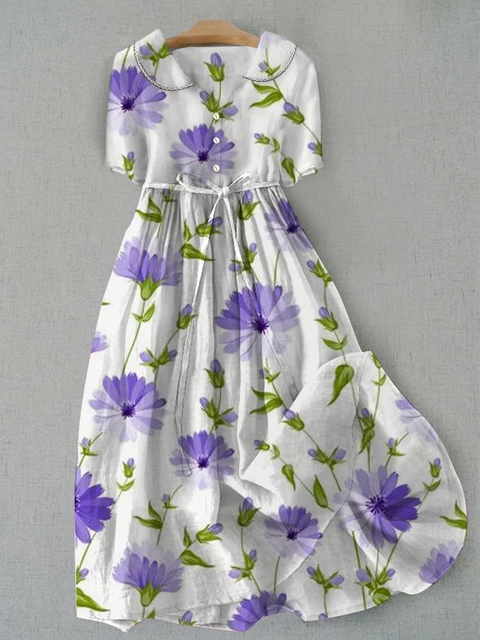 Sage - Vintage bloemenjurk met tailleband en halve mouwen