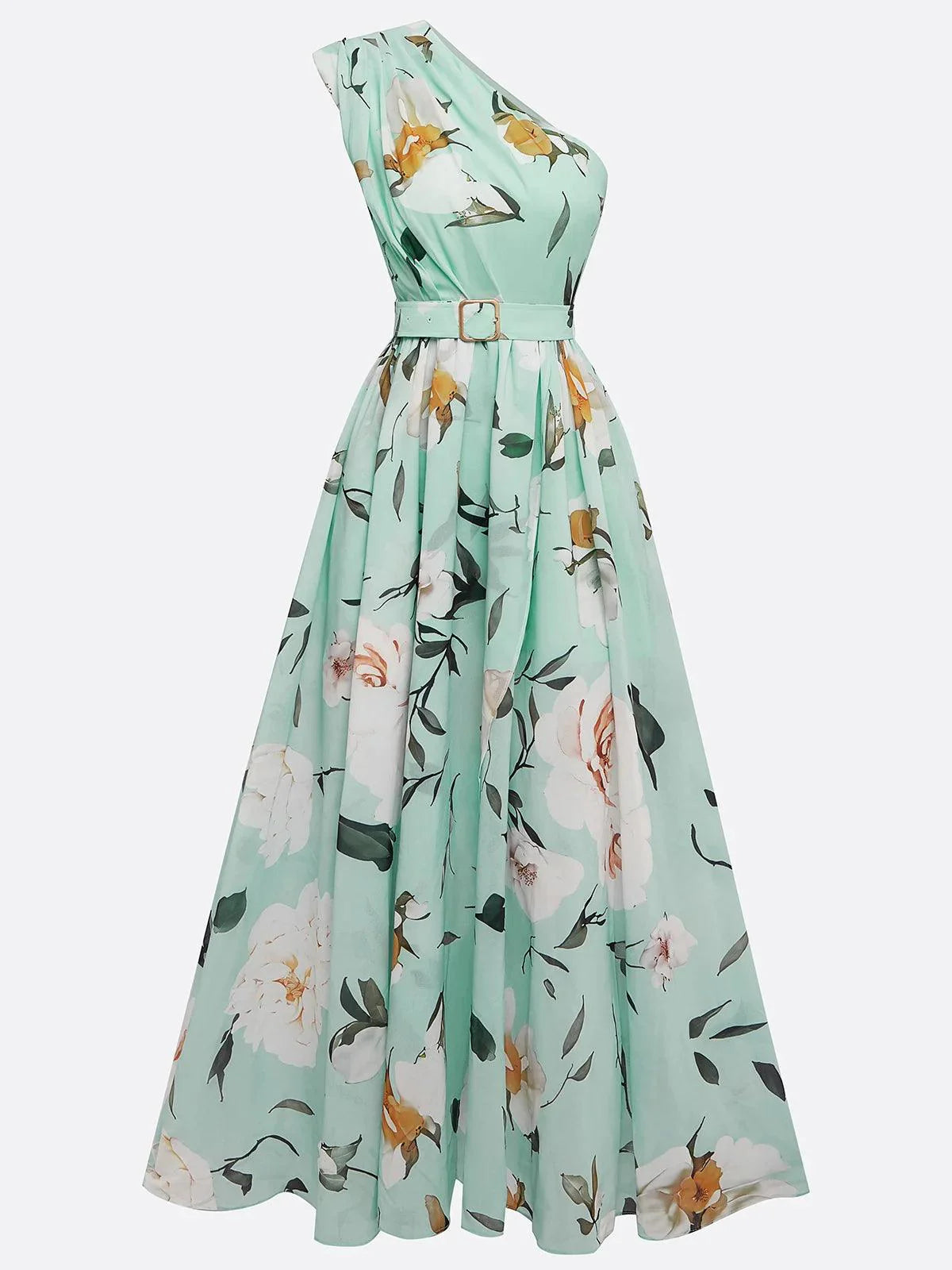 Lichtgroene Bloemige Rimpel Eén Schouder A-Lijn Maxi Chiffon Jurk