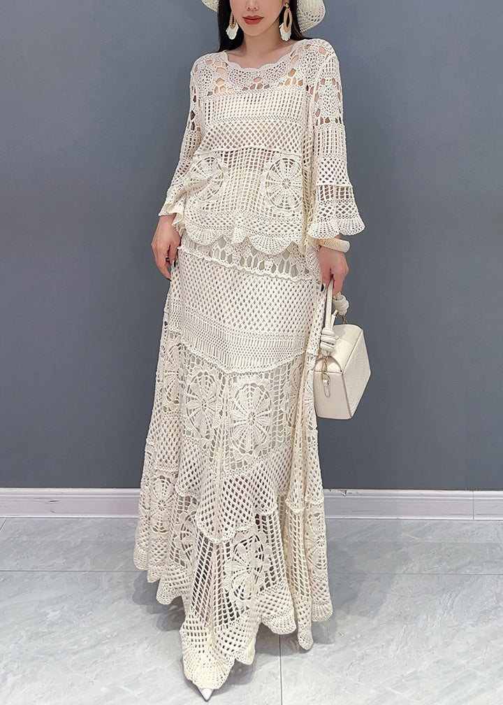 Elegante Beige Holle Tops En Rokjes Gebreide Twee Delige Set Lange Mouwen