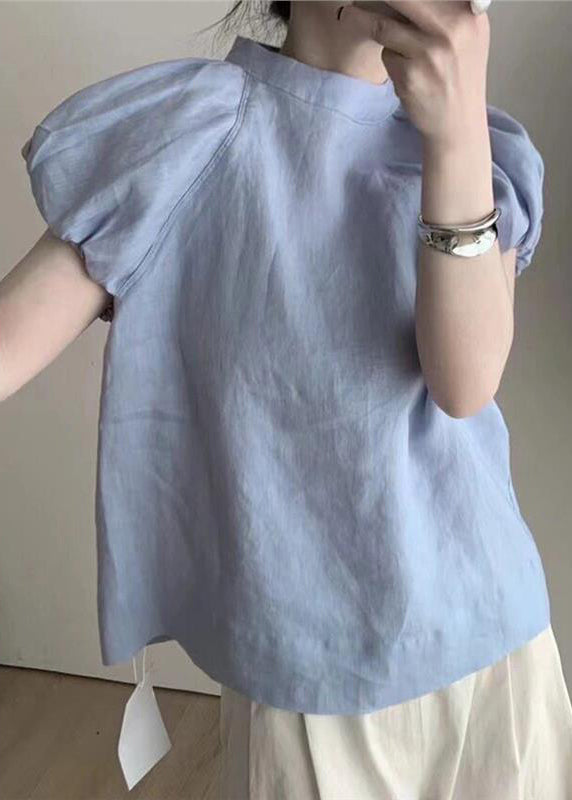 Franse Blauwe Puff Sleeve Katoenen T-shirt Top