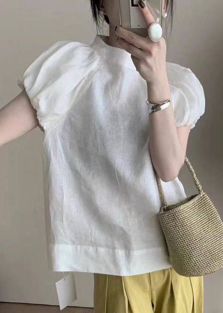 Franse Blauwe Puff Sleeve Katoenen T-shirt Top
