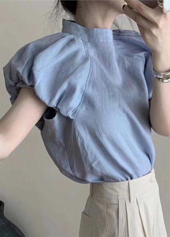 Franse Blauwe Puff Sleeve Katoenen T-shirt Top