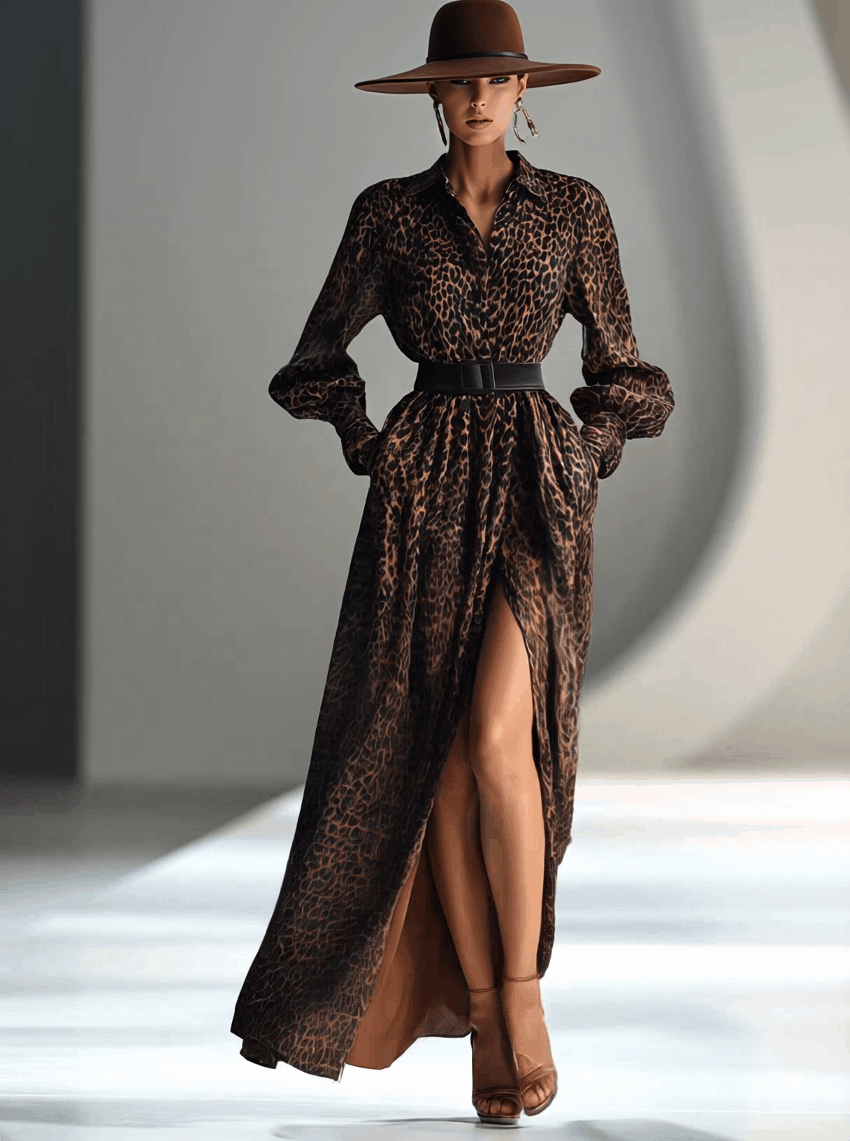 Fashion Retro Leopard Print Cool Style Chiffon Swing Maxi Dress