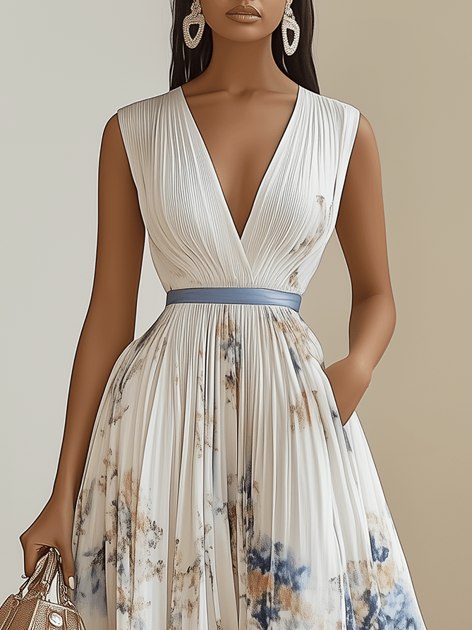 Lente Nieuwe Witte Geplooide Bloemen Chiffon V-Hals Mouwloze A-Lijn Midi Jurk