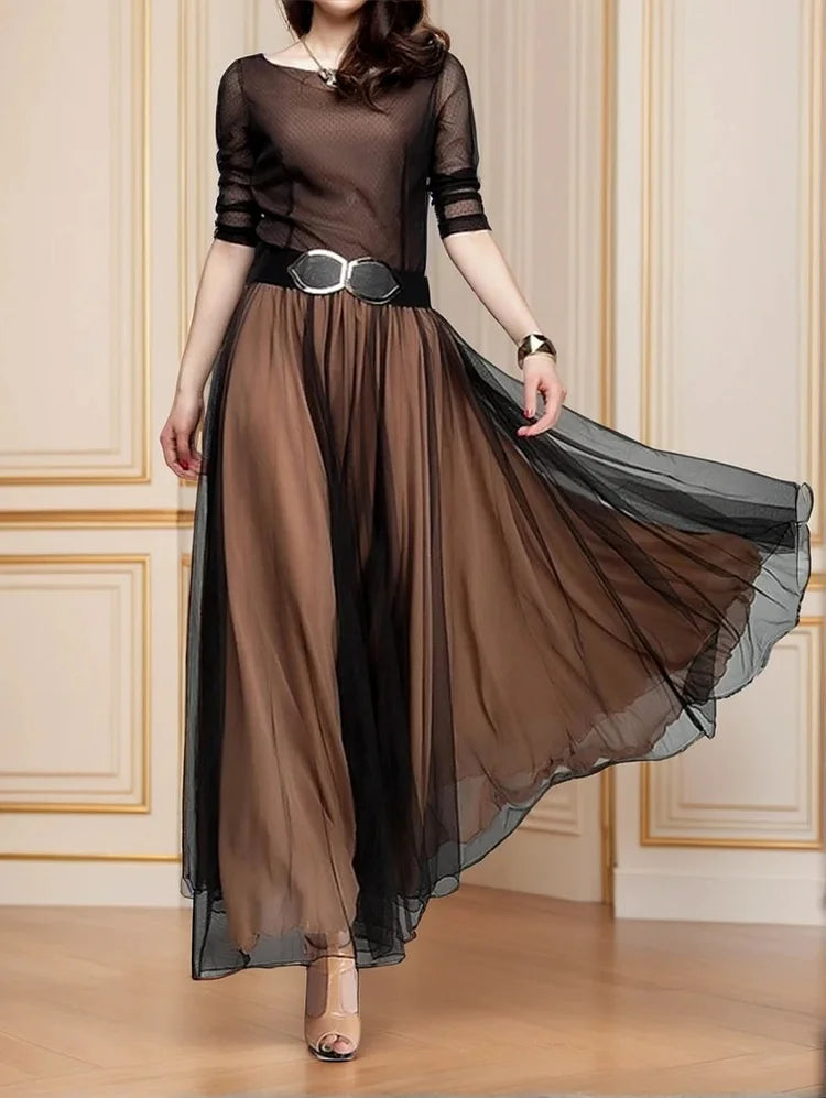 Elegant Plain Boat Neck Flowy Hem Maxi Dress <Ship in 24 hours>
