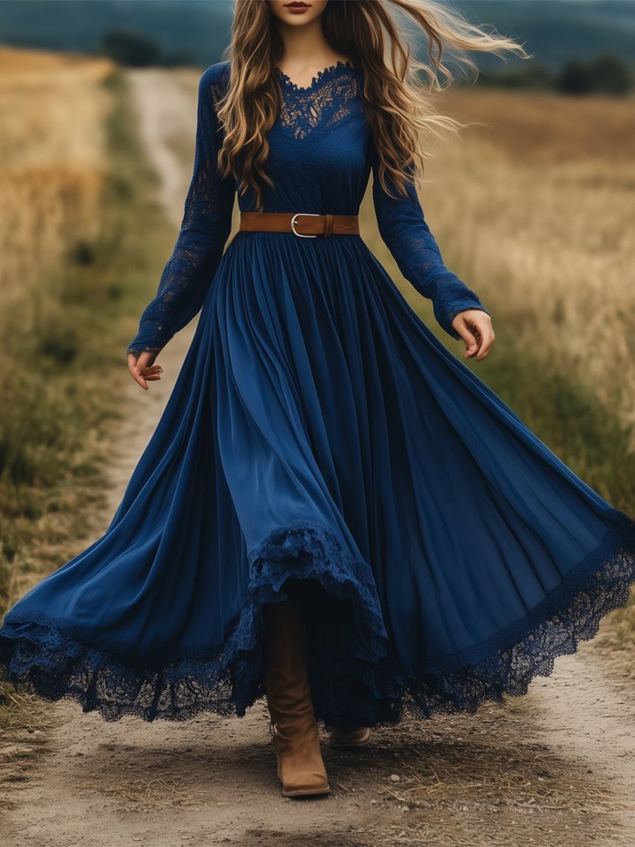 Dames Blauwe Lange Jurk met Kant en Riem