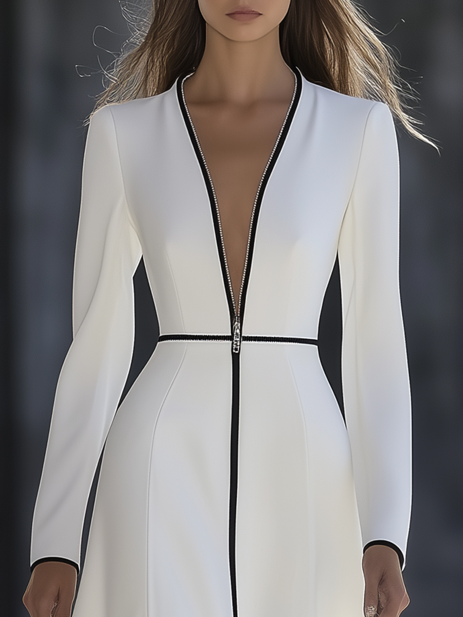 Elegant Urban Retro Contrast Color V-neck Zipper Long Sleeve Maxi Dress