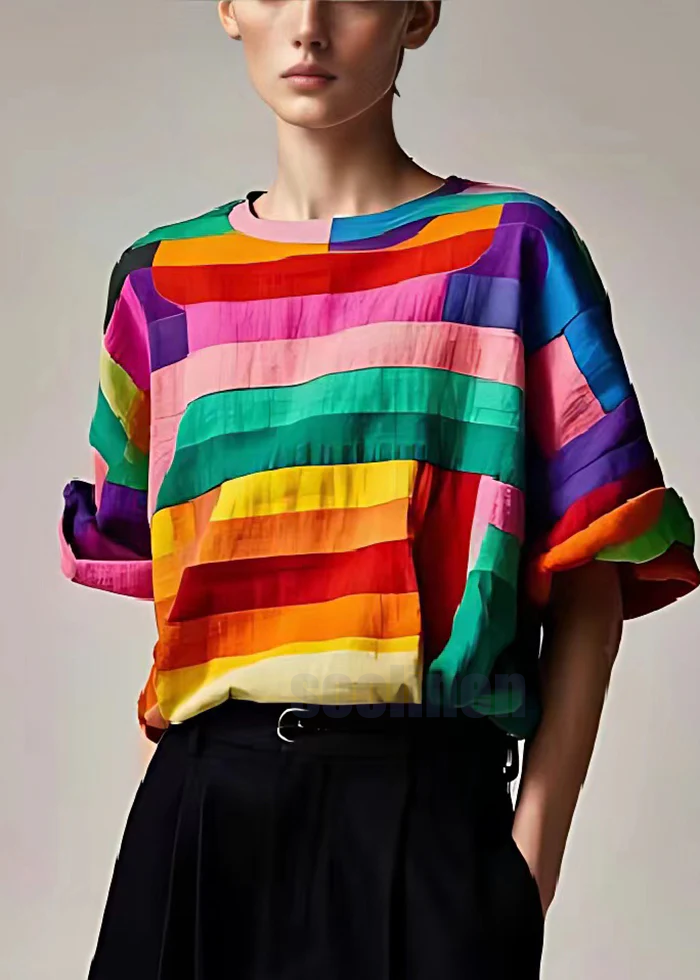 Aangesloten Multikleur Gestreepte Patchwork Katoenen Tank Zomer