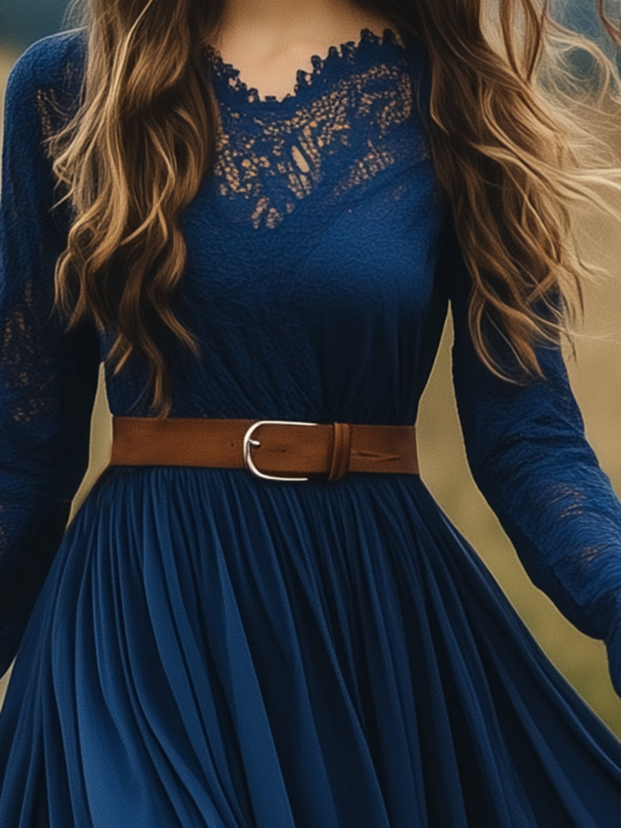Dames Blauwe Lange Jurk met Kant en Riem