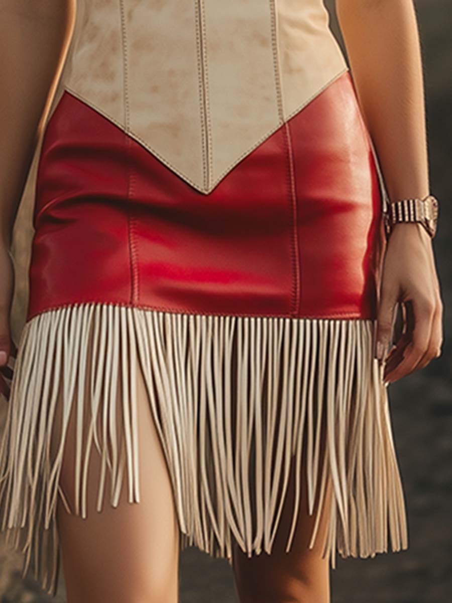 Elegante Retro Westerse Contrast Franje Mouwloze Mini Jurk